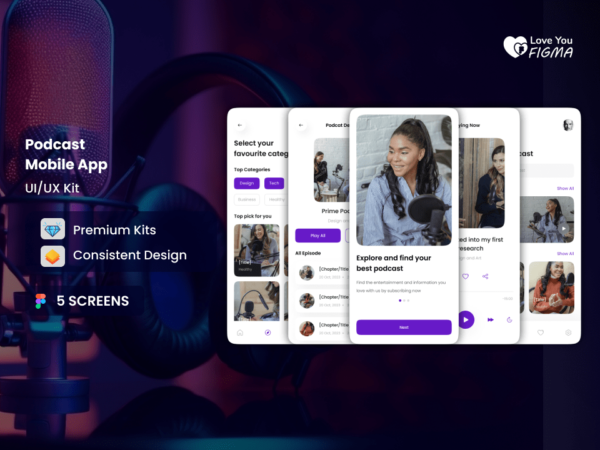 Premium UI designs and kits, try our Podcast Mobile App design.